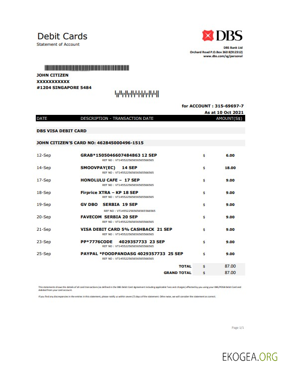 Modèle de justificatif de domicile de la banque DBS de Singapour au format .xls et .pdf